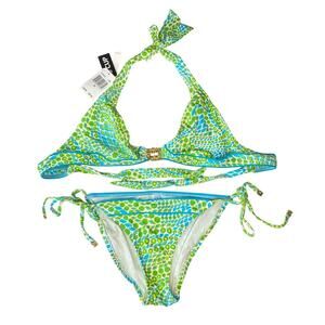 Trina Turk Triangle Halter Tie Bikini Swimsuit Set Blue Green Print Turquoise